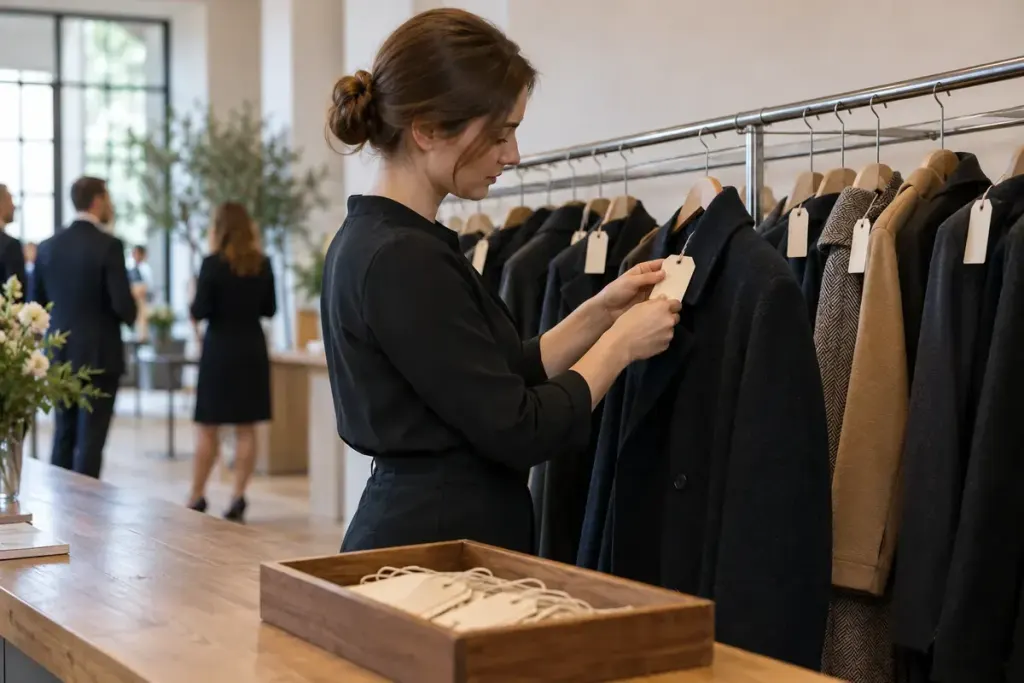 An orderly event cloakroom with spaced coats and plain numbered style tags without readable numbers.