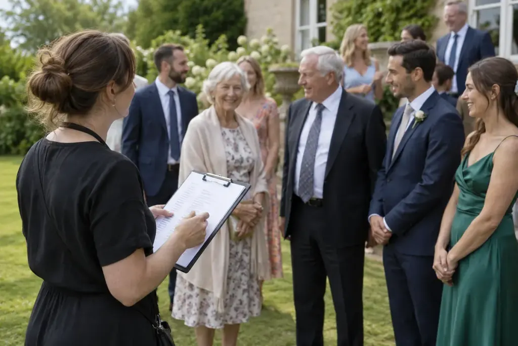An event organiser checking a group photograph list while guests gather in a garden.