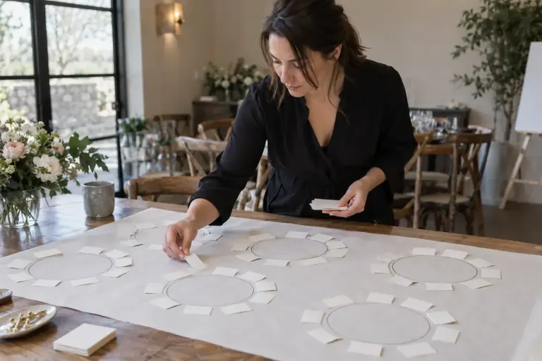 An event planner arranging blank guest cards around circles representing tables on a large paper seating plan.