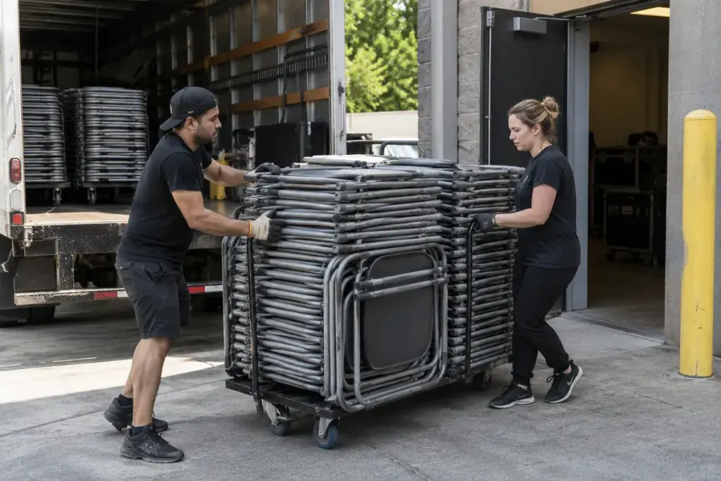 Event workers unloading neatly stacked folding chairs at a clear venue service entrance.