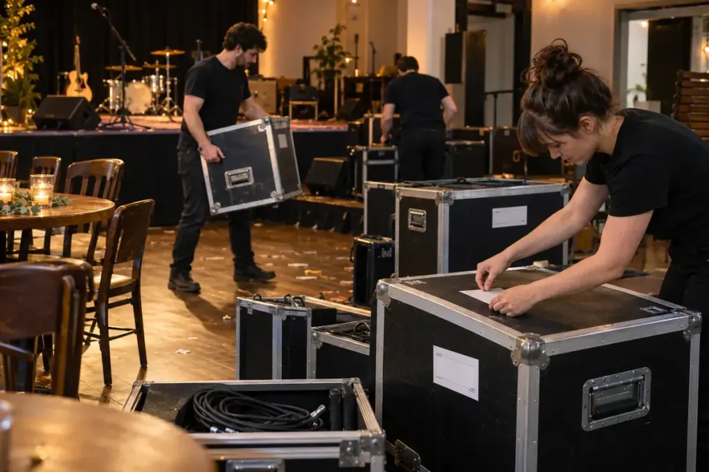 Event staff organising labelled equipment cases after guests leave a small venue.