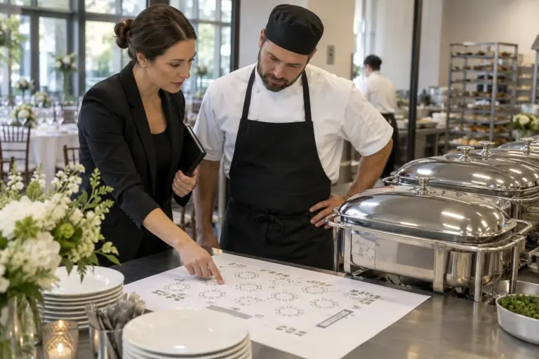 Event planner and caterer reviewing a seating plan beside covered serving dishes, clean professional event kitchen.