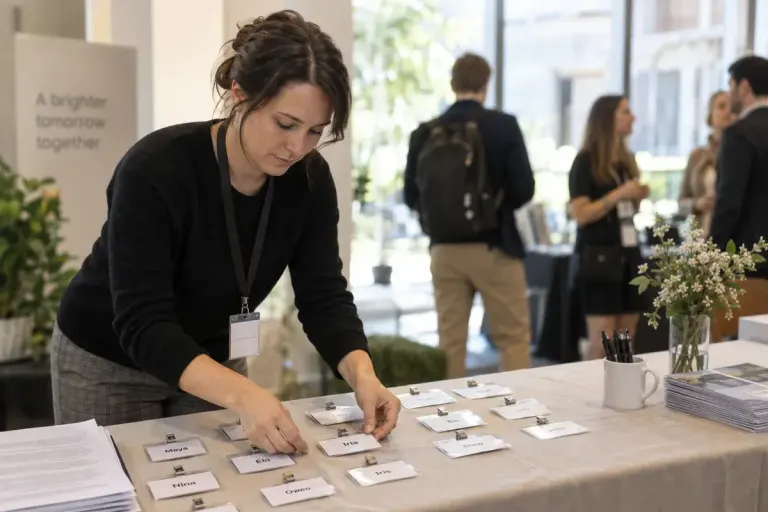 Event organiser arranging simple large-print name badges on a registration table, a few short fictional first names, no company logos.