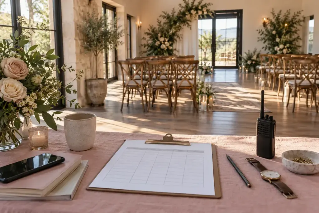 A clipboard, watch and radio on an event coordinator’s table beside an empty venue.