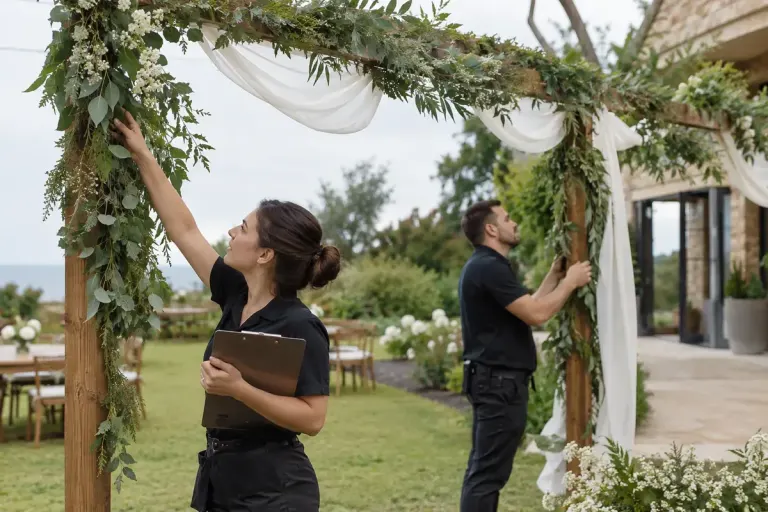 Event staff inspecting unbranded outdoor decorations beside a venue garden.