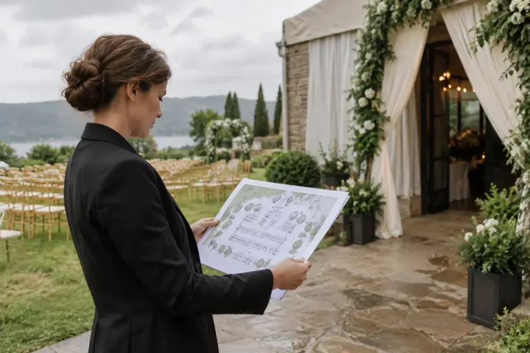Event planner reviewing an outdoor seating plan beside a covered venue entrance on a cloudy day.