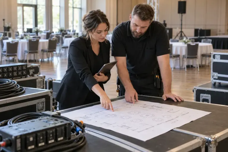 Event staff reviewing a floor plan beside technical equipment.