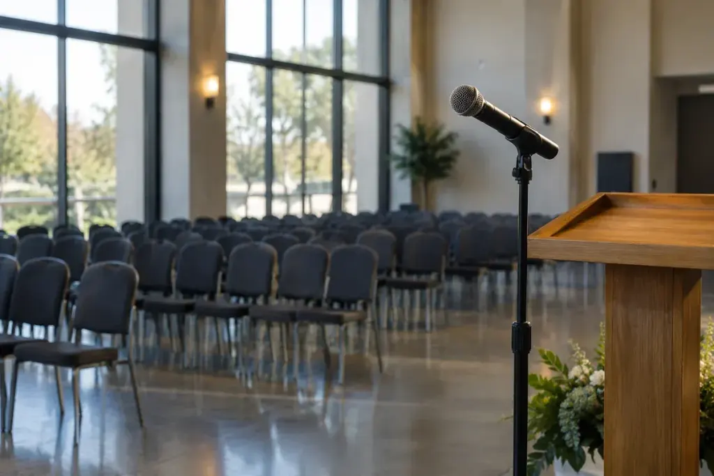 A wireless handheld microphone resting on a stand beside a lectern in an empty event hall.