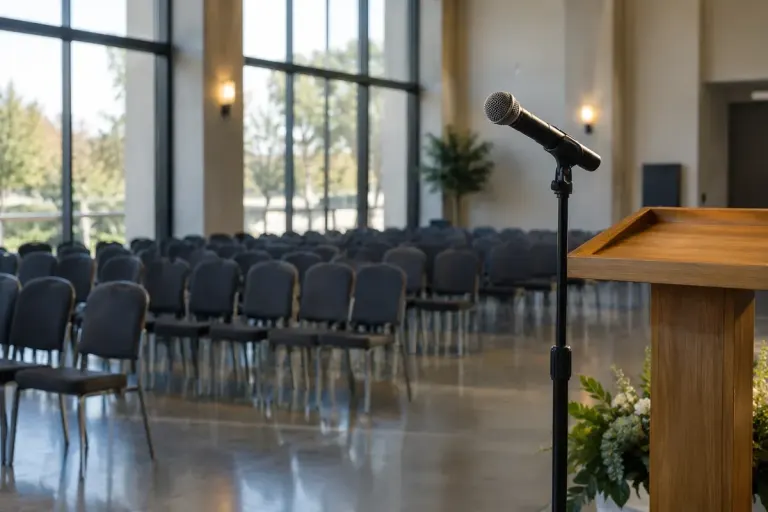 A wireless handheld microphone resting on a stand beside a lectern in an empty event hall.