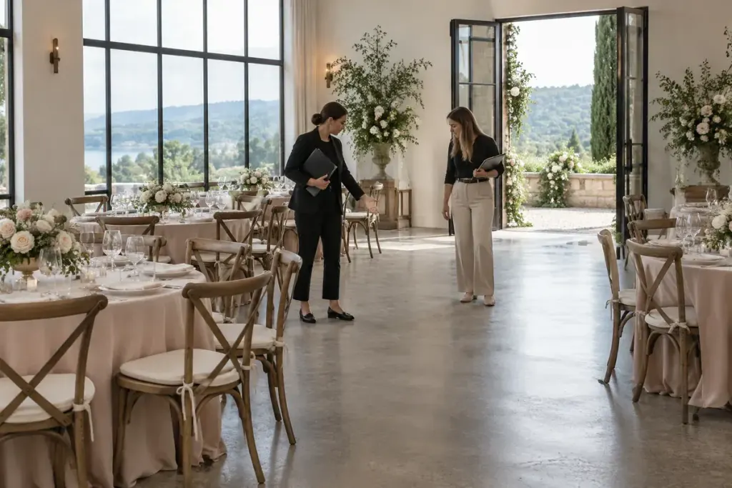 Two organisers walking through an airy event venue with rose-coloured table linens.
